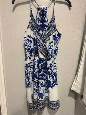 Charlotte Russe White Mini Dress with Blue Ornate Print